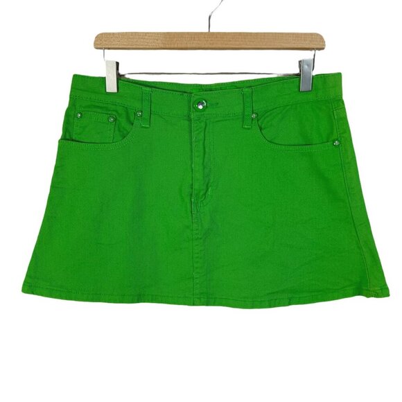 y2k Vintage Green Denim Mini Skirt Rhineston Buttons Women's Size 15 - Picture 1 of 6